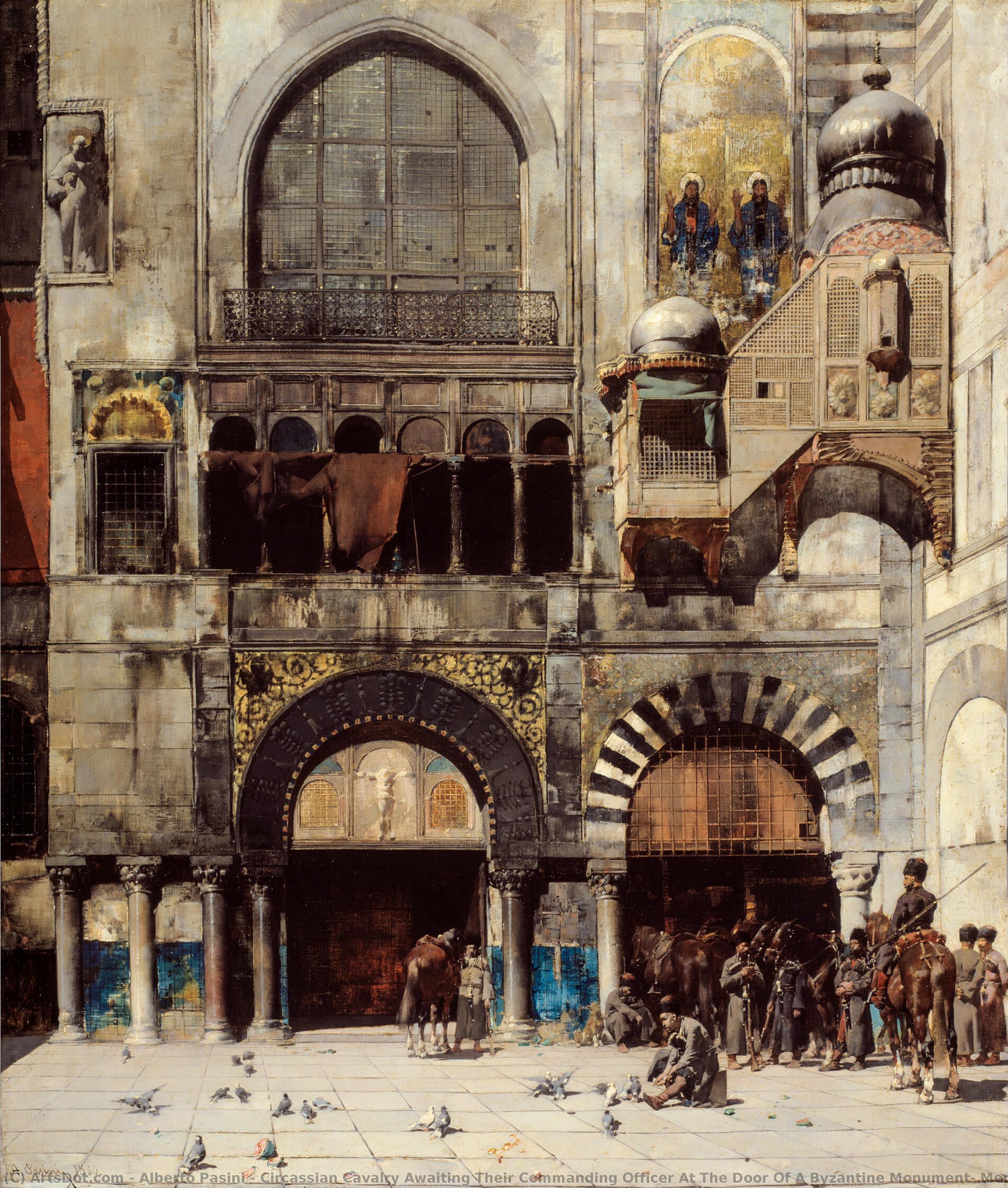 Wikioo.org - The Encyclopedia of Fine Arts - Painting, Artwork by Alberto Pasini - Circassian Cavalry Awaiting Their Commanding Officer At The Door Of A Byzantine Monument; Memory Of The Orient
