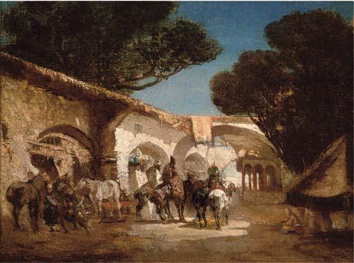 Wikioo.org - The Encyclopedia of Fine Arts - Painting, Artwork by Alberto Pasini - Saddling Up At The Stables, An Arab Street