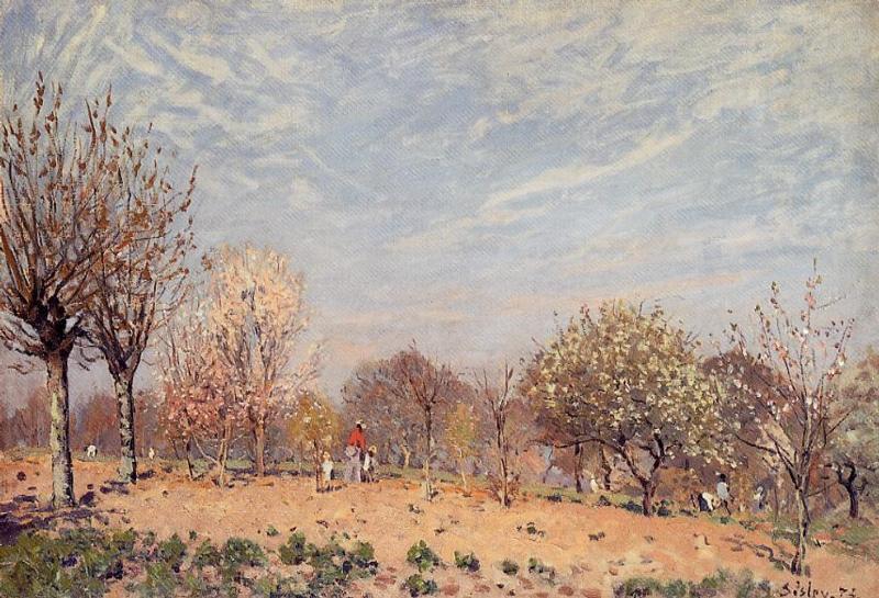 Wikioo.org - The Encyclopedia of Fine Arts - Painting, Artwork by Alfred Sisley - Apple Trees in Flower, Spring Morning (aka Pommiers en Fleurs - Louveciennes)
