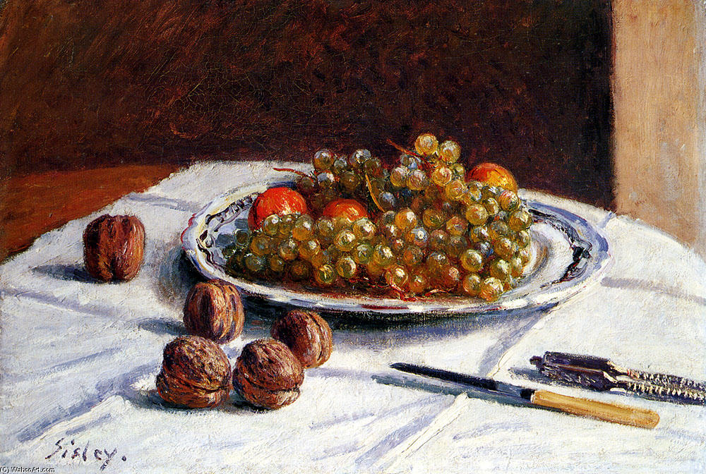 Wikioo.org - The Encyclopedia of Fine Arts - Painting, Artwork by Alfred Sisley - Grapes And Walnuts On A Table