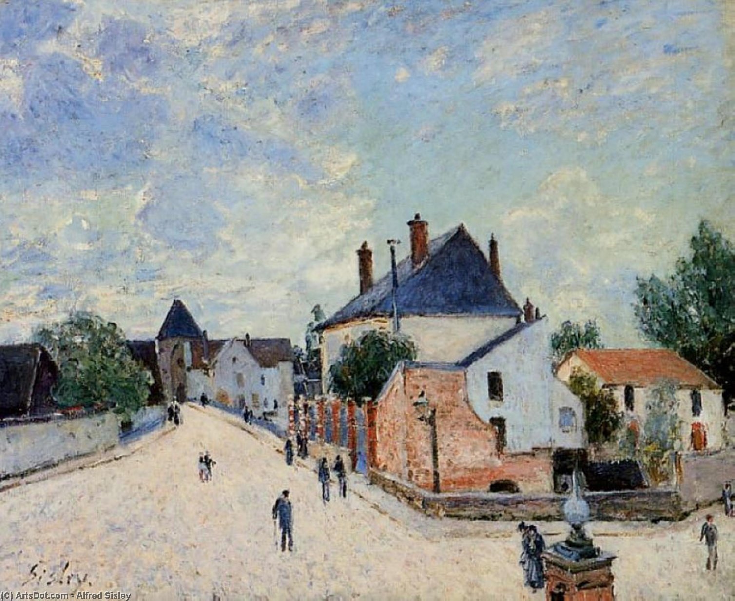 Wikioo.org - The Encyclopedia of Fine Arts - Painting, Artwork by Alfred Sisley - Street in Moret(Porte de Bourgogne from across the Bridge)