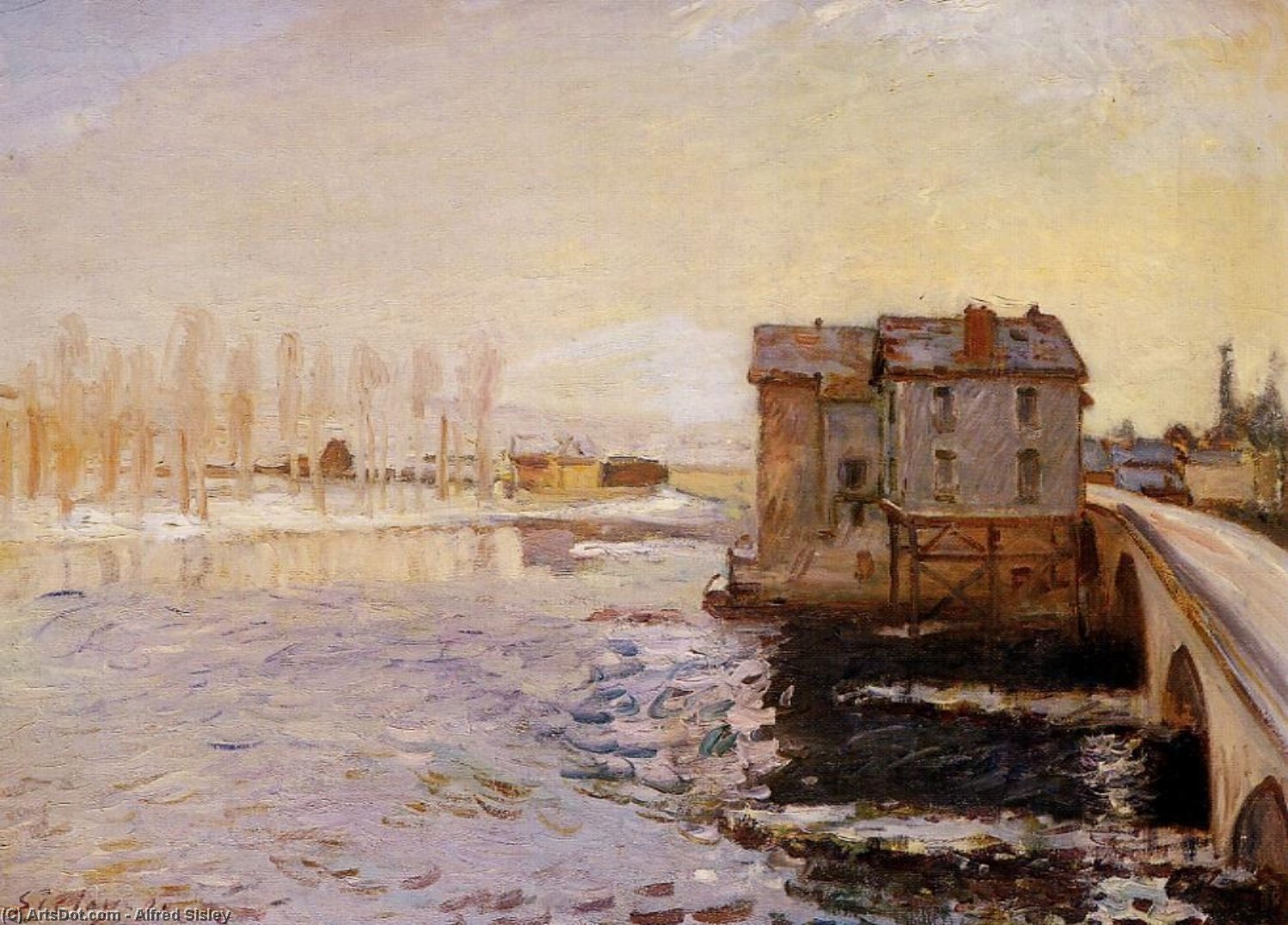 Wikioo.org - The Encyclopedia of Fine Arts - Painting, Artwork by Alfred Sisley - The Moret Bridge and Mills under Snow