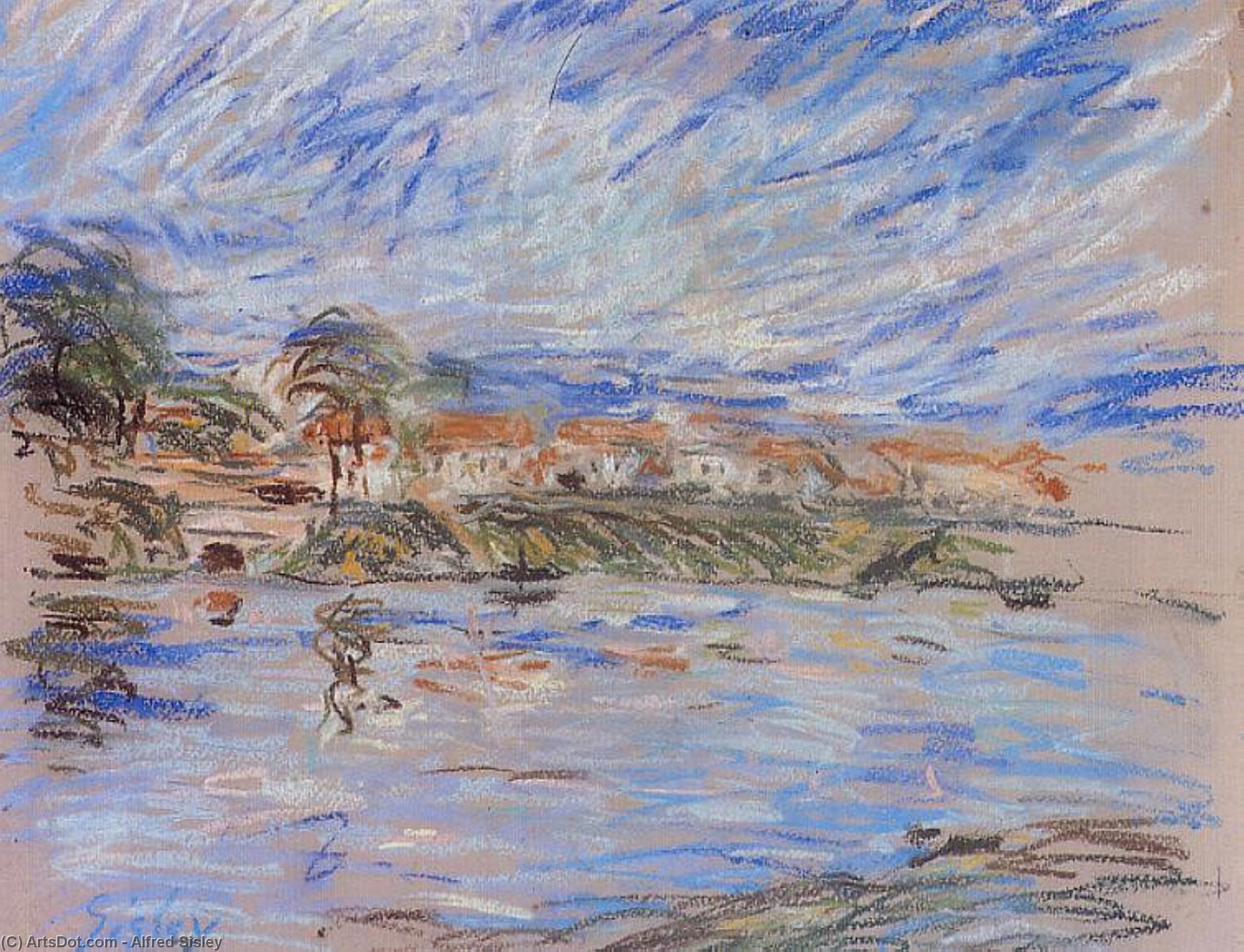 Wikioo.org – L'Enciclopedia delle Belle Arti - Pittura, Opere di Alfred Sisley - veduta di a villaggio di un fiume