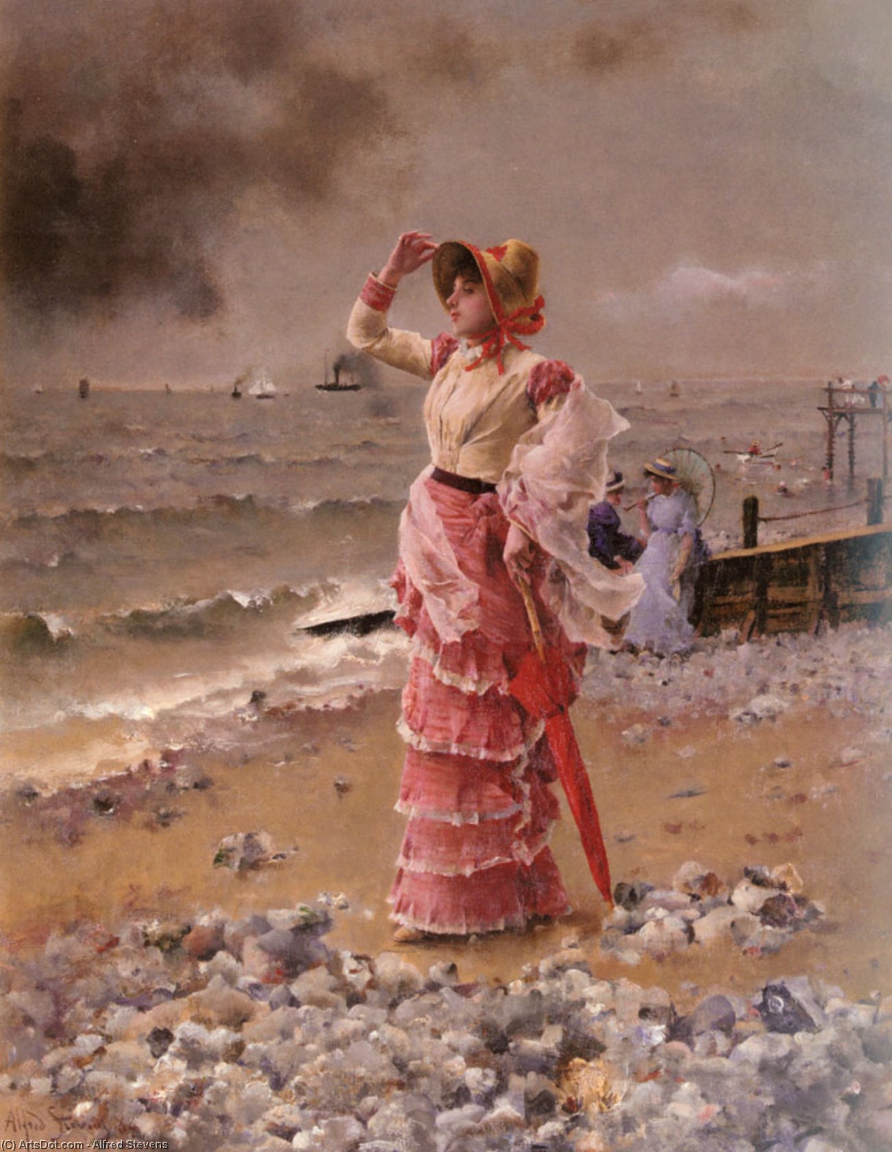 Wikioo.org - The Encyclopedia of Fine Arts - Painting, Artwork by Alfred Stevens - Femme Elegante Voyant Filer Un Vapeur