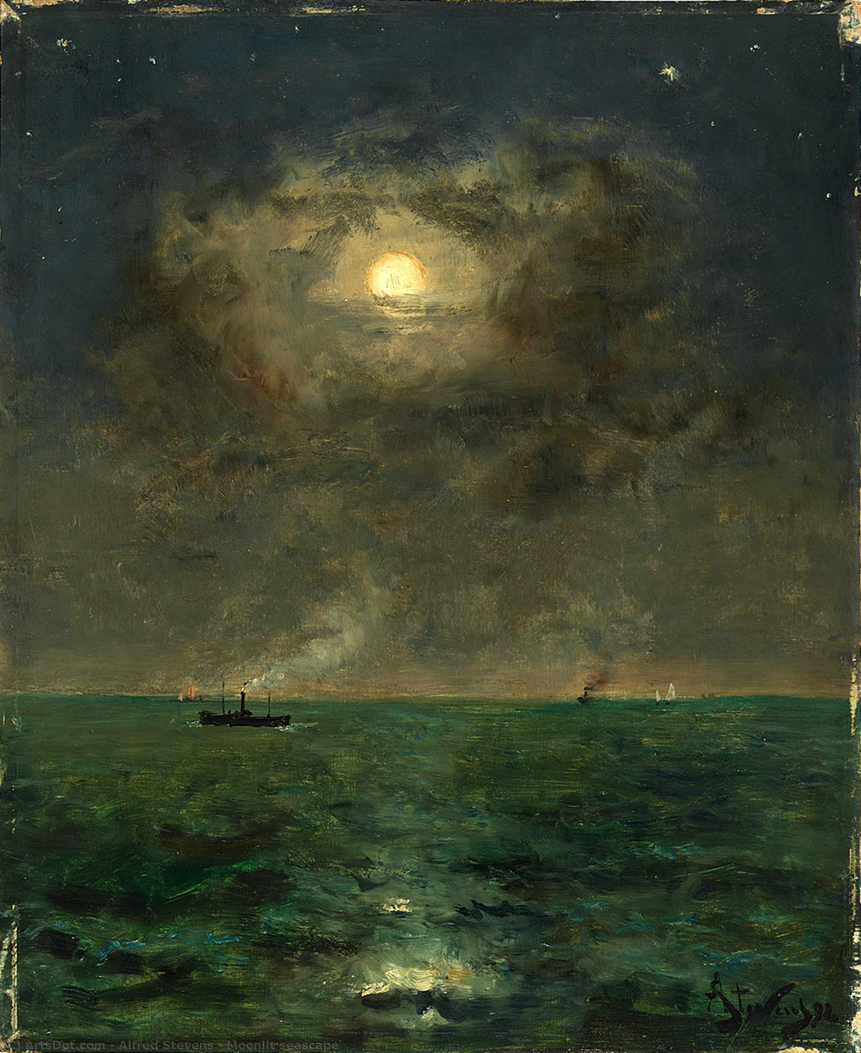 Wikioo.org - The Encyclopedia of Fine Arts - Painting, Artwork by Alfred Stevens - Moonlit seascape