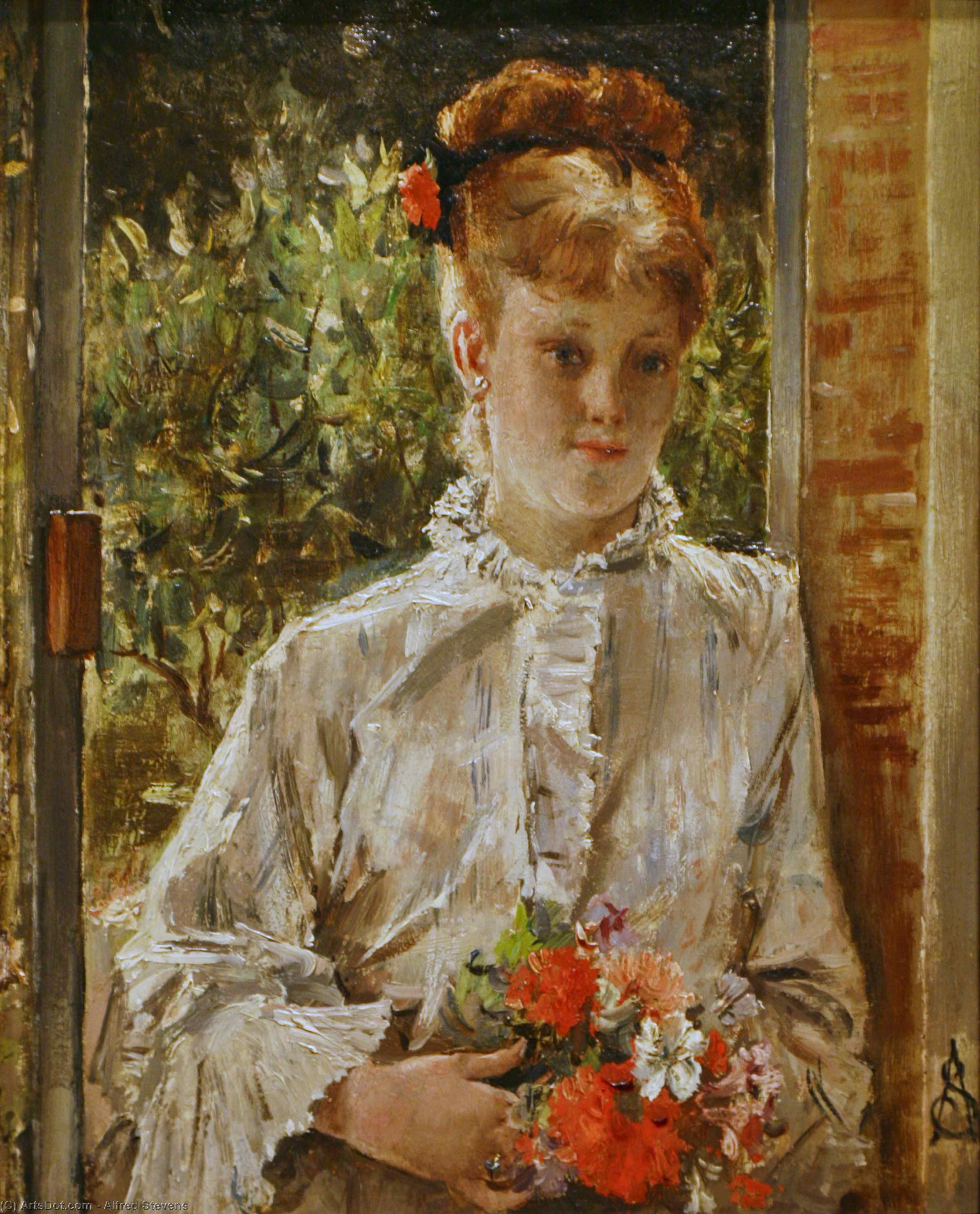 WikiOO.org - אנציקלופדיה לאמנויות יפות - ציור, יצירות אמנות Alfred Stevens - Young Woman in White Holding a Bouquet