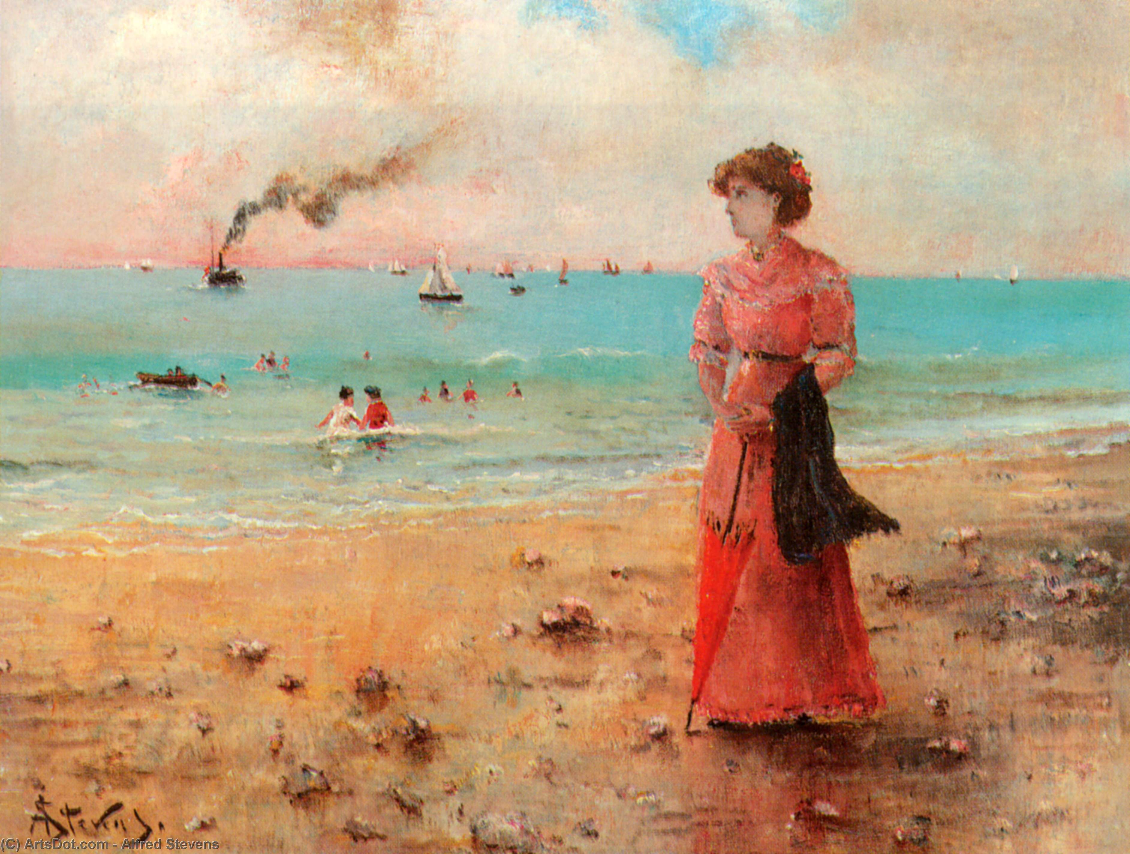 Wikioo.org – L'Encyclopédie des Beaux Arts - Peinture, Oeuvre de Alfred Stevens - jeune femme avec  rouge  parapluie  sur  au  plage