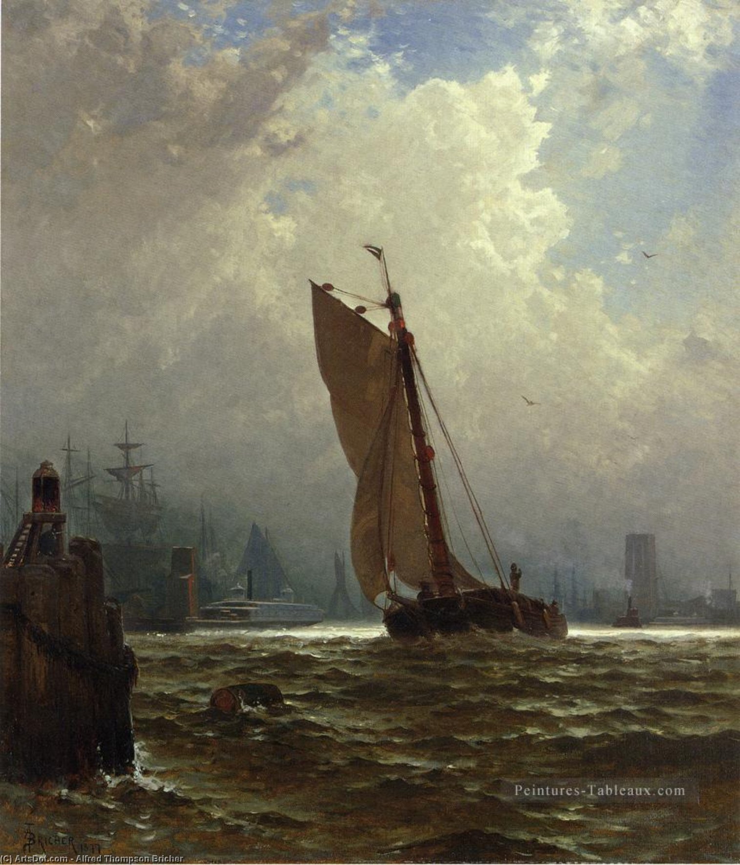 Wikioo.org - The Encyclopedia of Fine Arts - Painting, Artwork by Alfred Thompson Bricher - New York Harbor with the Brooklyn Bridge Under Construction