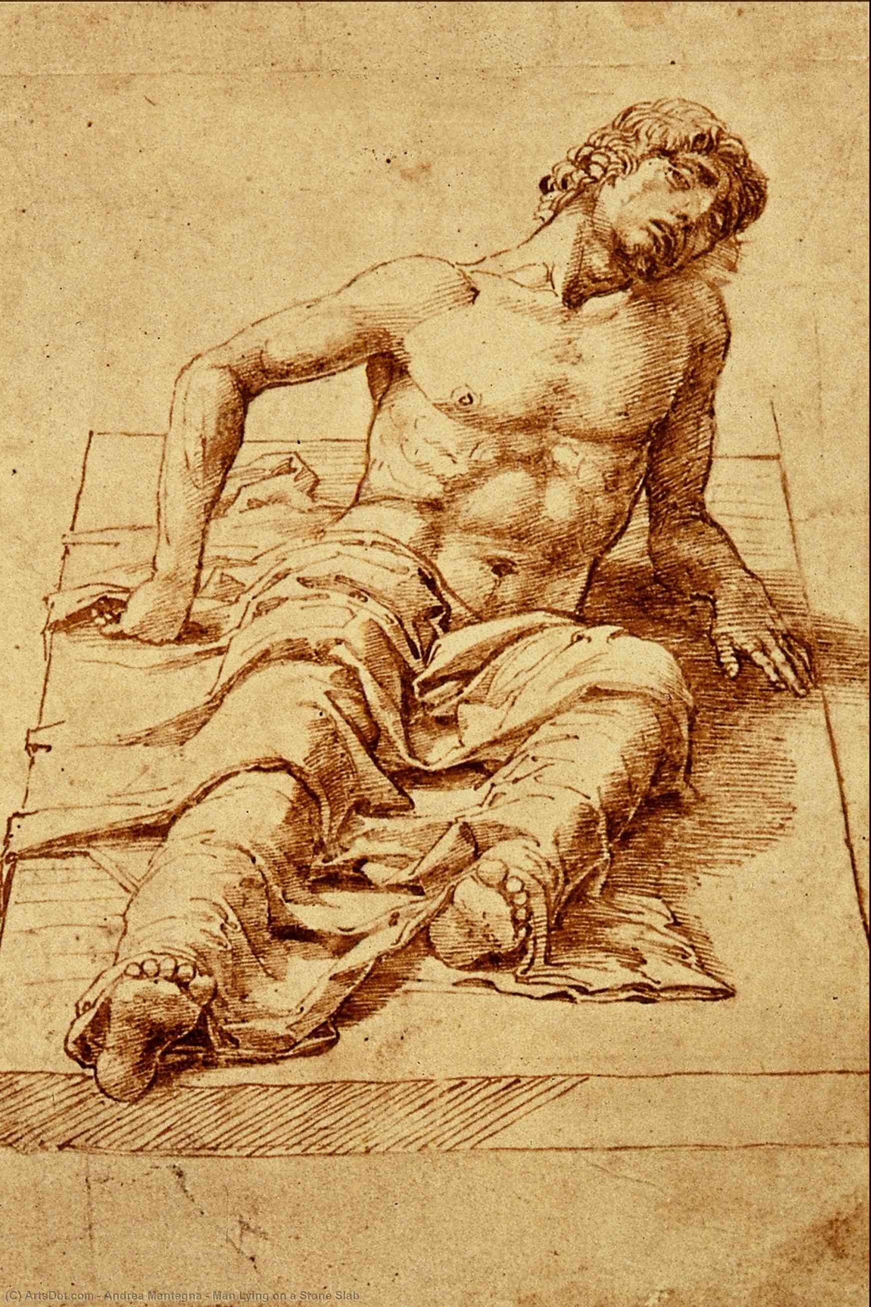 Wikioo.org - The Encyclopedia of Fine Arts - Painting, Artwork by Andrea Mantegna - Man Lying on a Stone Slab