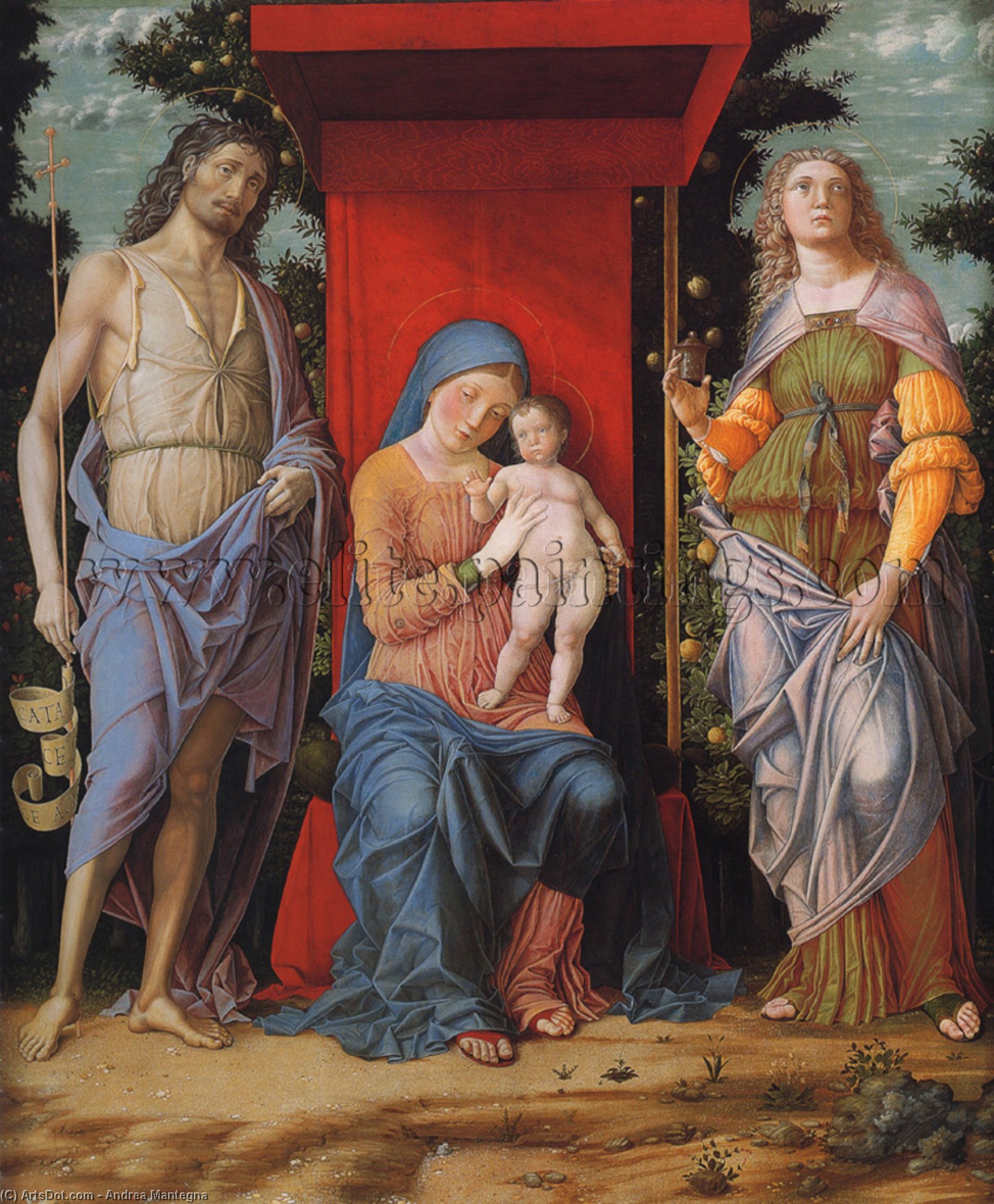 Wikioo.org - The Encyclopedia of Fine Arts - Painting, Artwork by Andrea Mantegna - Virgin and Child with the Magdalen and St John the Baptist