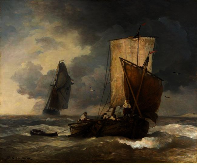 Wikioo.org - The Encyclopedia of Fine Arts - Painting, Artwork by Andreas Achenbach - FISHING BOATS IN STORMY SEAS