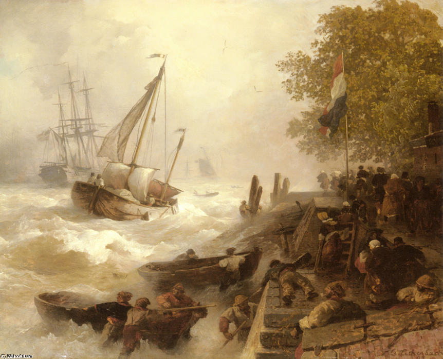 Wikioo.org - The Encyclopedia of Fine Arts - Painting, Artwork by Andreas Achenbach - Hafeneinfahrt Bei Rauher See