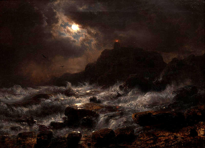 Wikioo.org - The Encyclopedia of Fine Arts - Painting, Artwork by Andreas Achenbach - Norwegian Coast by Moonlight