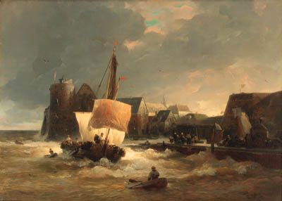 WikiOO.org - Encyclopedia of Fine Arts - Schilderen, Artwork Andreas Achenbach - Schiff in stürmischer See vor einem Hafen