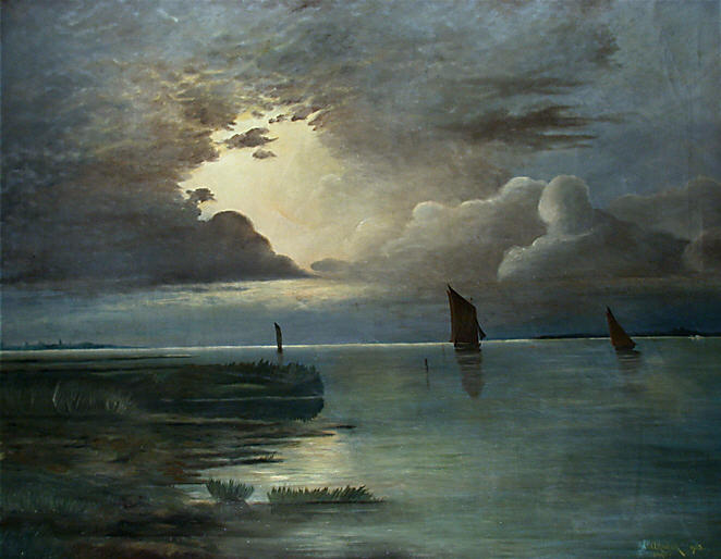 Wikioo.org - สารานุกรมวิจิตรศิลป์ - จิตรกรรม Andreas Achenbach - Sonnenuntergang am Meer mit aufziehendem Gewitter