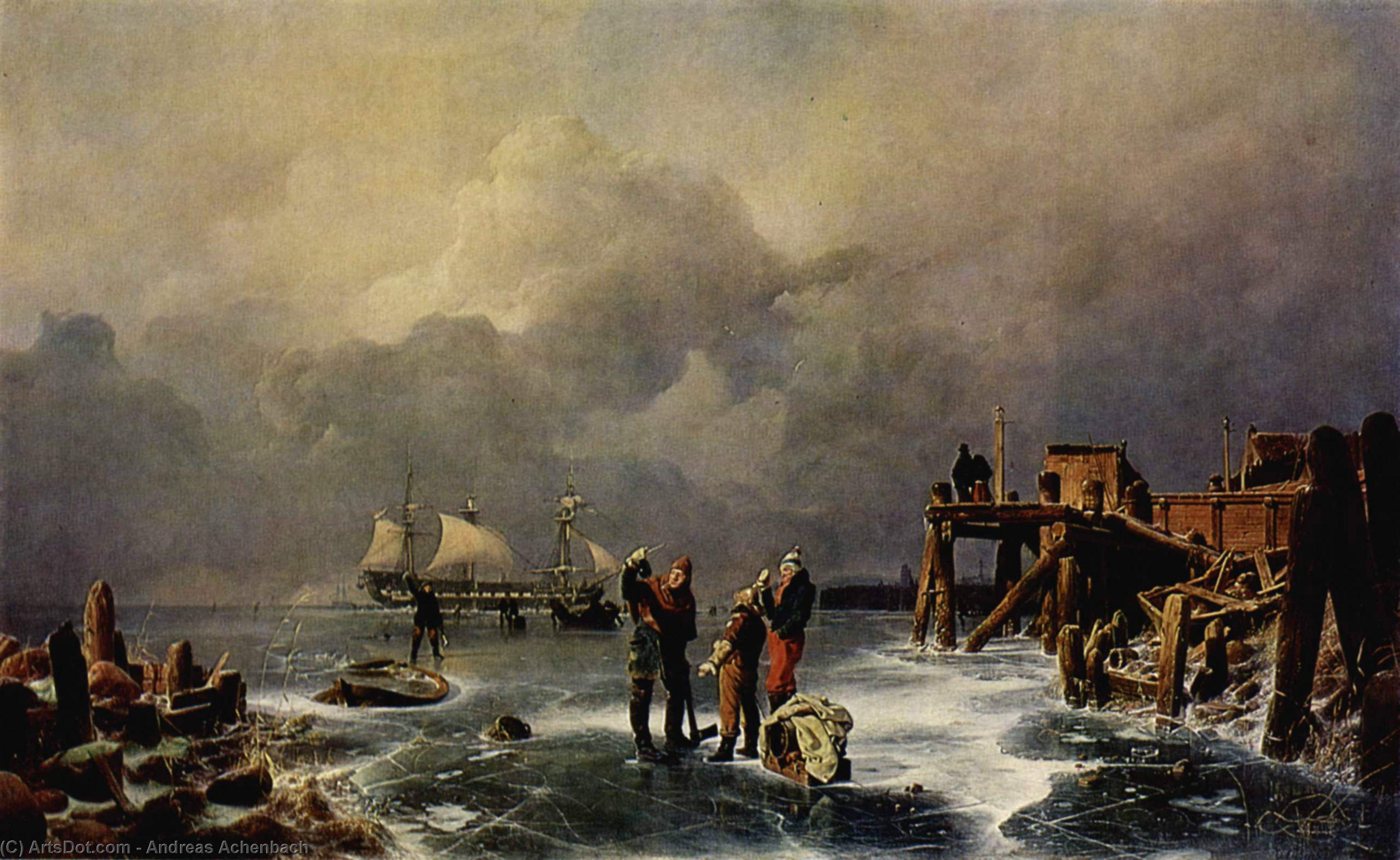 Wikioo.org - The Encyclopedia of Fine Arts - Painting, Artwork by Andreas Achenbach - Ufer des zugefrorenen Meeres (Winterlandschaft)