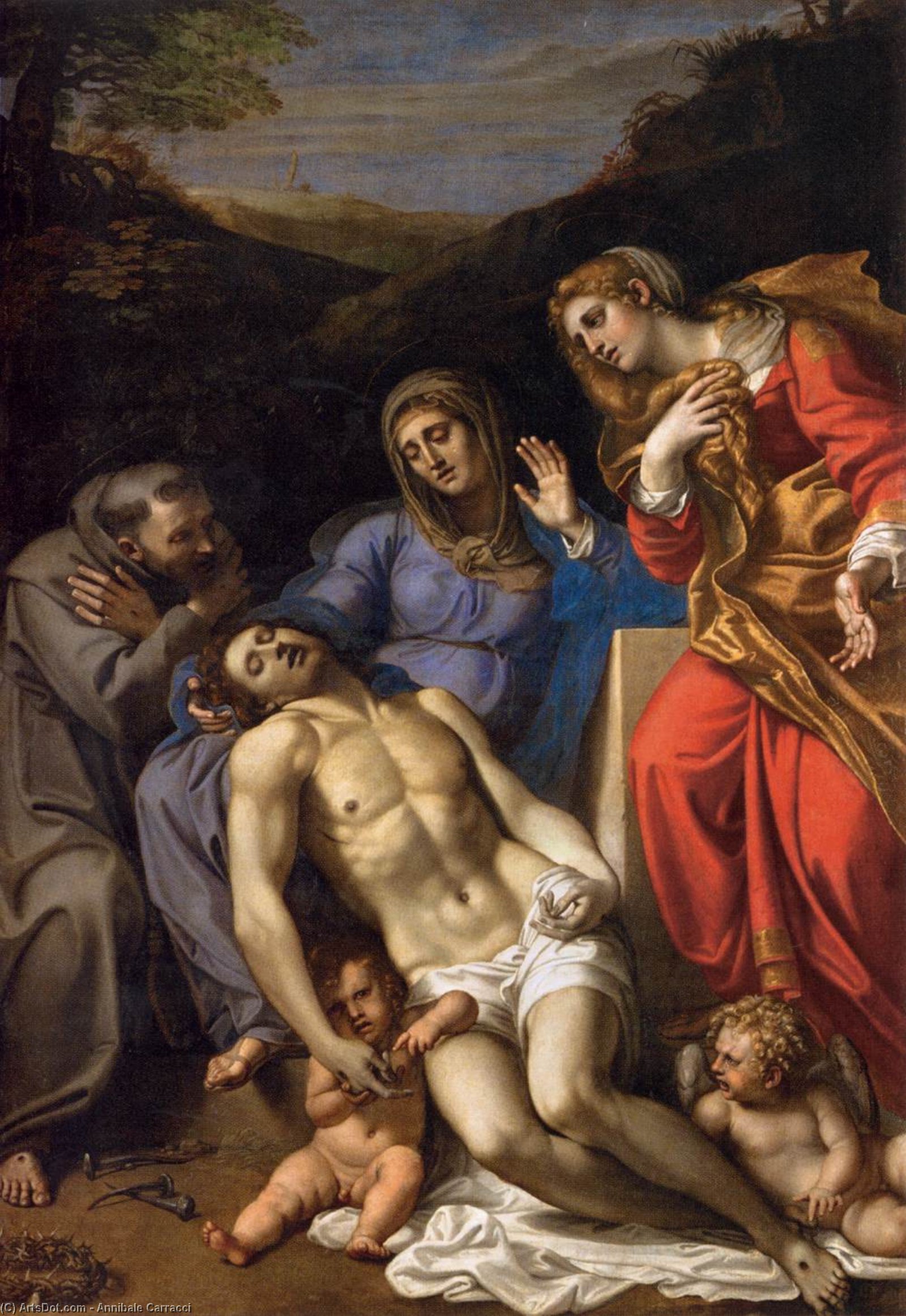 Wikioo.org - The Encyclopedia of Fine Arts - Painting, Artwork by Annibale Carracci - Pietà with Sts Francis and Mary Magdalen