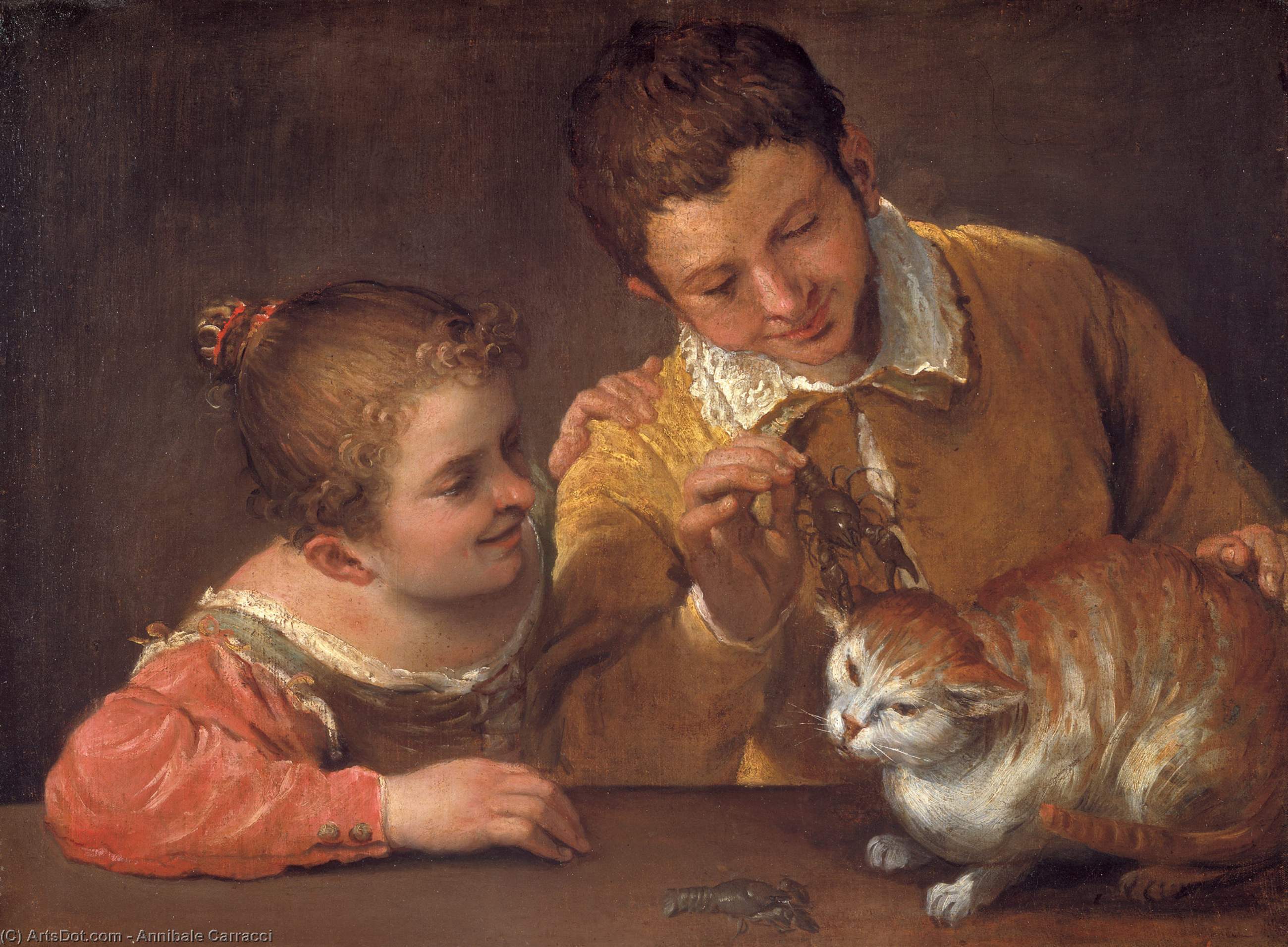 Wikioo.org - The Encyclopedia of Fine Arts - Painting, Artwork by Annibale Carracci - Two Children Teasing a Cat