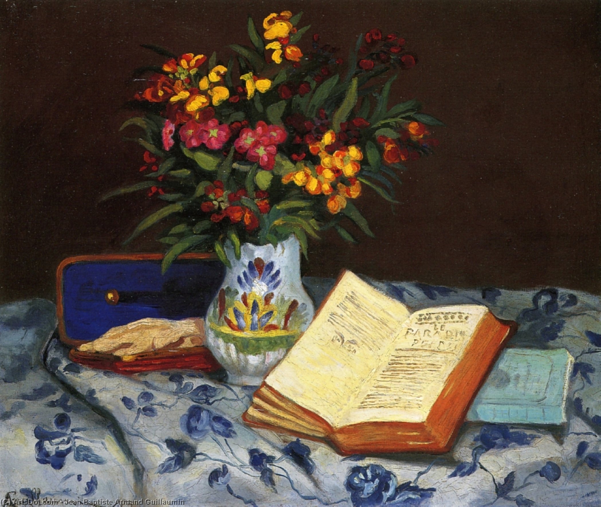 Wikioo.org – La Enciclopedia de las Bellas Artes - Pintura, Obras de arte de Jean Baptiste Armand Guillaumin - bodegón con caja  enestado  azul  guantes