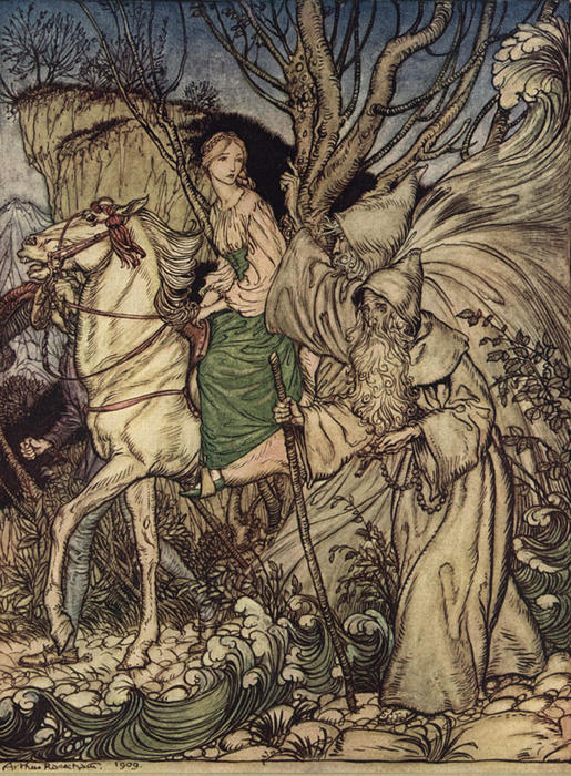 Wikioo.org - The Encyclopedia of Fine Arts - Painting, Artwork by Arthur Rackham - Little niece,' said Kuhleborn, 'forget not that I am here with thee as a guide