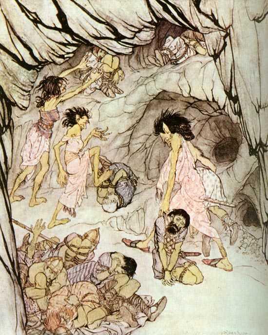 Wikioo.org - The Encyclopedia of Fine Arts - Painting, Artwork by Arthur Rackham - 'This one is fat,' said cuillen, and she rolled a bulky Fenian along like a wheel