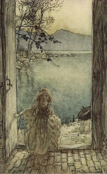 Wikioo.org - The Encyclopedia of Fine Arts - Painting, Artwork by Arthur Rackham - A beautiful little girl clad in rich garments stood there on the threshold smiling