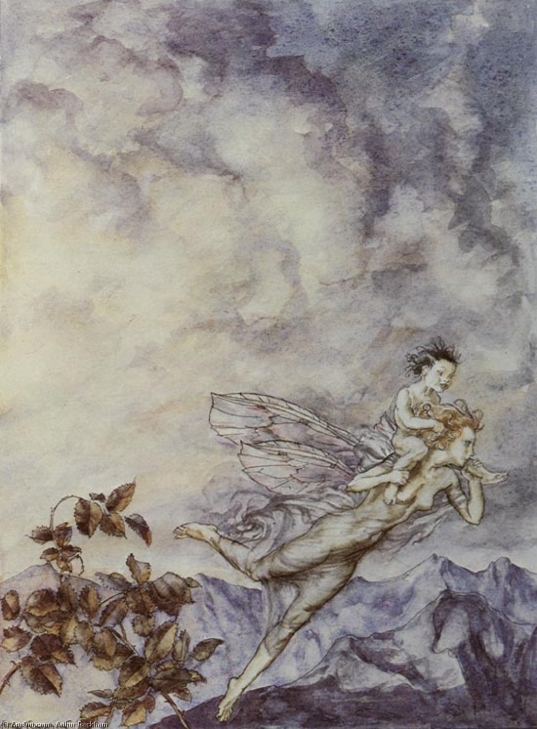 WikiOO.org - אנציקלופדיה לאמנויות יפות - ציור, יצירות אמנות Arthur Rackham - A midsummer night's dream the fairy flew off with the changling