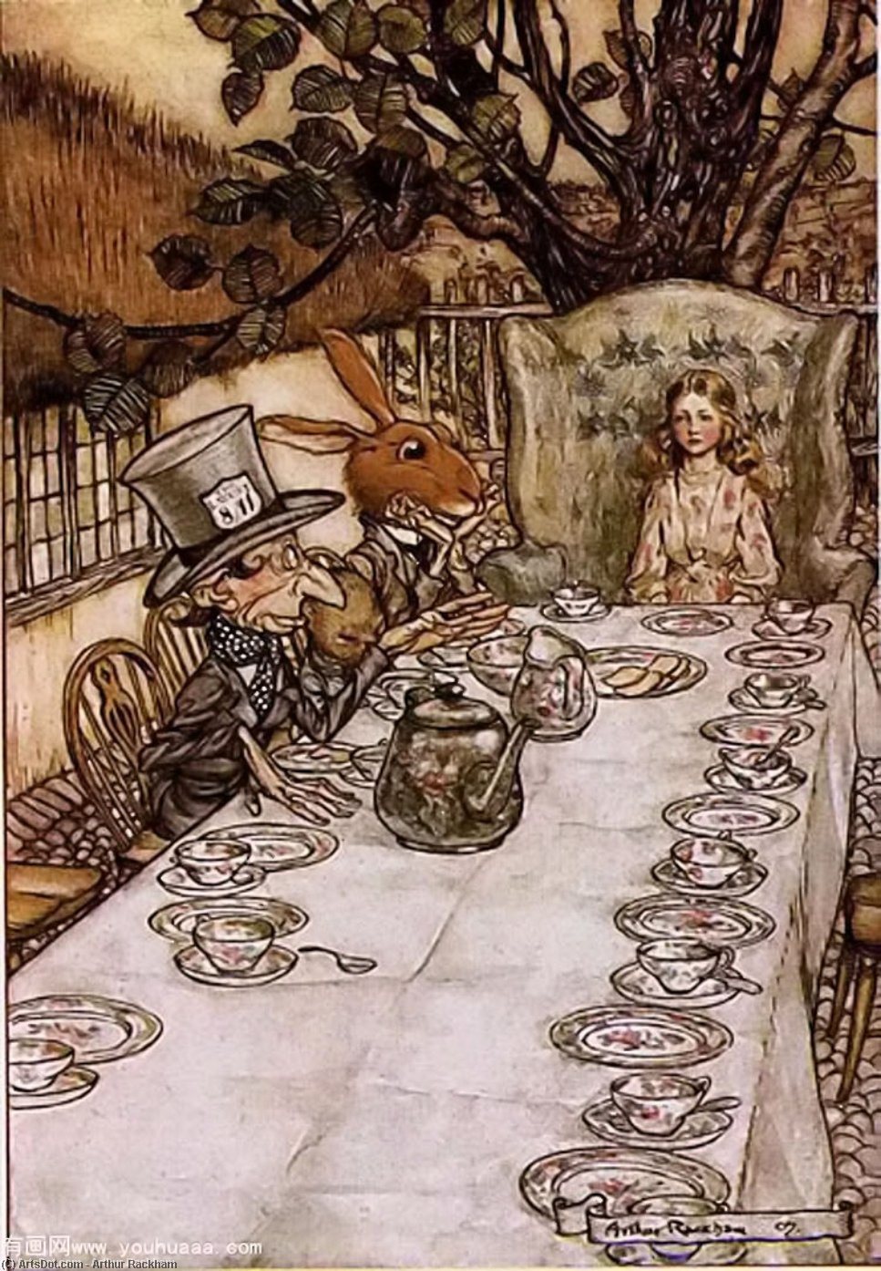 Wikioo.org - The Encyclopedia of Fine Arts - Painting, Artwork by Arthur Rackham - Alice in Wonderland. A Mad Tea Party