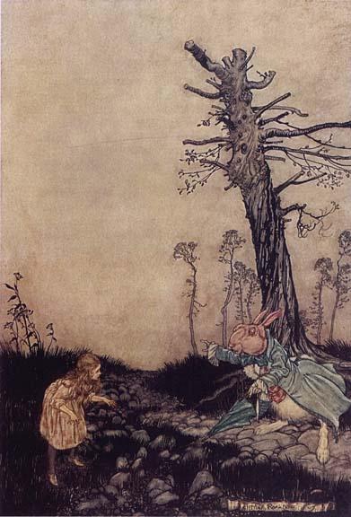 Wikioo.org - The Encyclopedia of Fine Arts - Painting, Artwork by Arthur Rackham - Alice in Wonderland. Down the Rabbit Hole