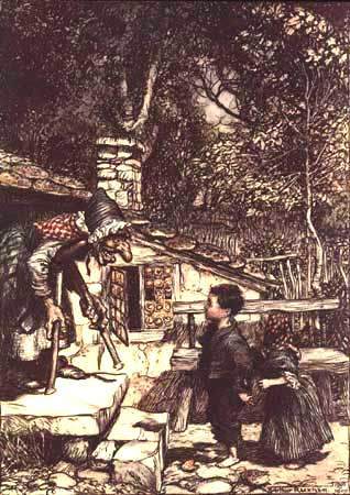 Wikioo.org - The Encyclopedia of Fine Arts - Painting, Artwork by Arthur Rackham - All at once the door opened and an old, old Woman, supporting herself on a crutch, came hobbling out