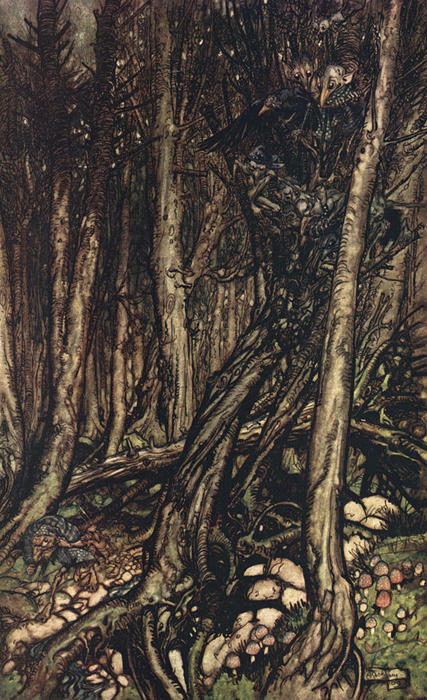 Wikioo.org - The Encyclopedia of Fine Arts - Painting, Artwork by Arthur Rackham - At the back of the little tonge of land, there lay a fearsome forest right perilous to traverse