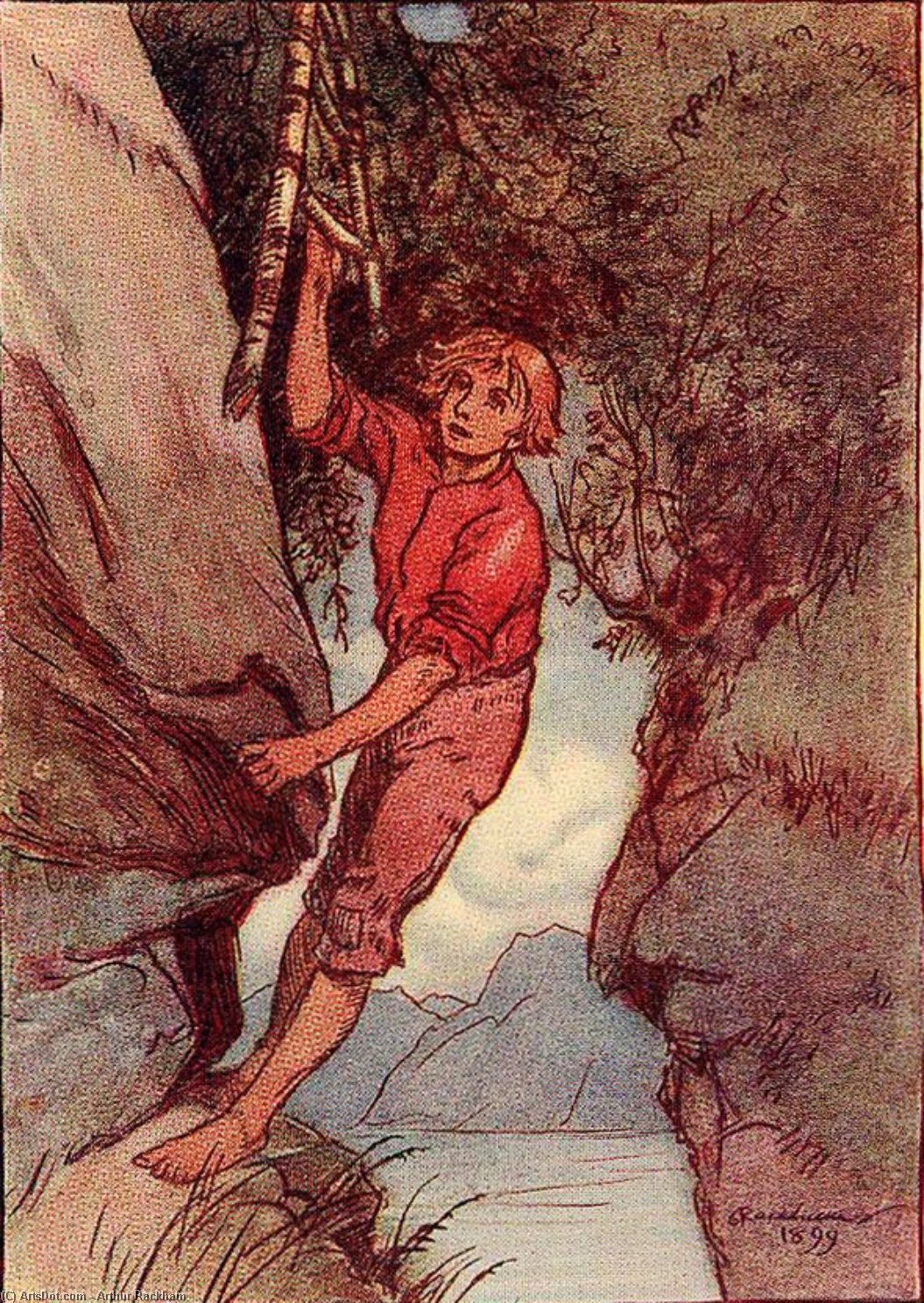 Wikioo.org - The Encyclopedia of Fine Arts - Painting, Artwork by Arthur Rackham - At the end of a ledge he found the remains of a ladder made of birch-poles