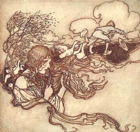 Wikioo.org - The Encyclopedia of Fine Arts - Painting, Artwork by Arthur Rackham - Blow, blow, little breeze, And Conrad's hat seize