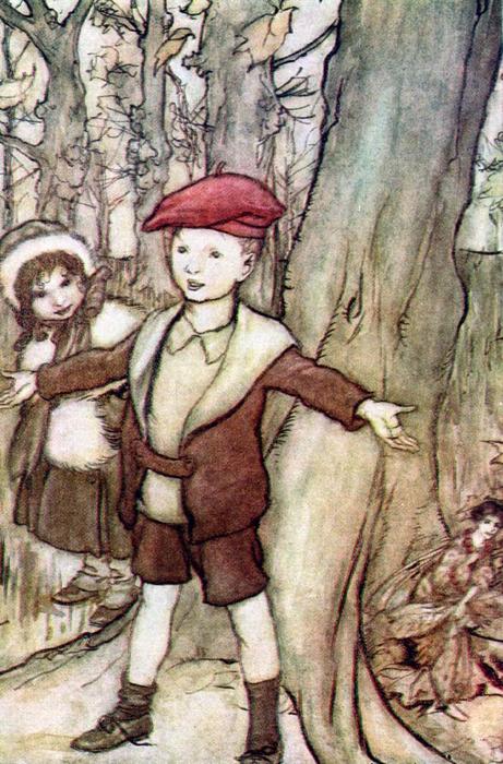 Wikioo.org - Bách khoa toàn thư về mỹ thuật - Vẽ tranh, Tác phẩm nghệ thuật Arthur Rackham - Fairies Behind the Tree
