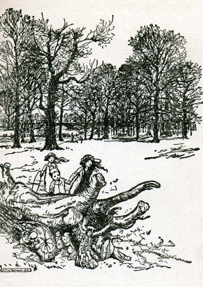 Wikioo.org - The Encyclopedia of Fine Arts - Painting, Artwork by Arthur Rackham - Fairies Hiding Behind a Log