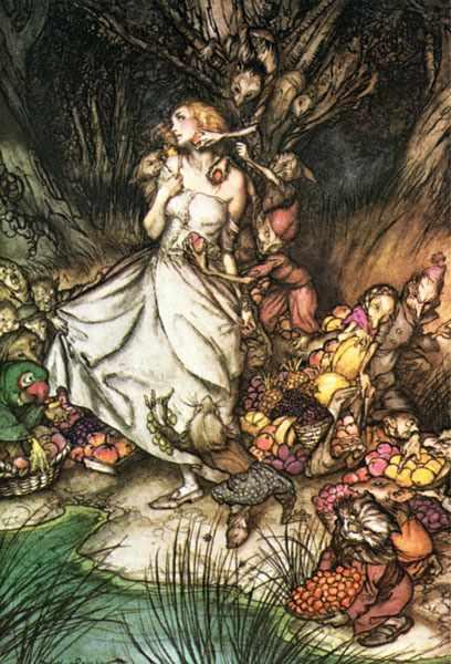 Wikioo.org - The Encyclopedia of Fine Arts - Painting, Artwork by Arthur Rackham - Goblin Market. White and golden Lizzie stood