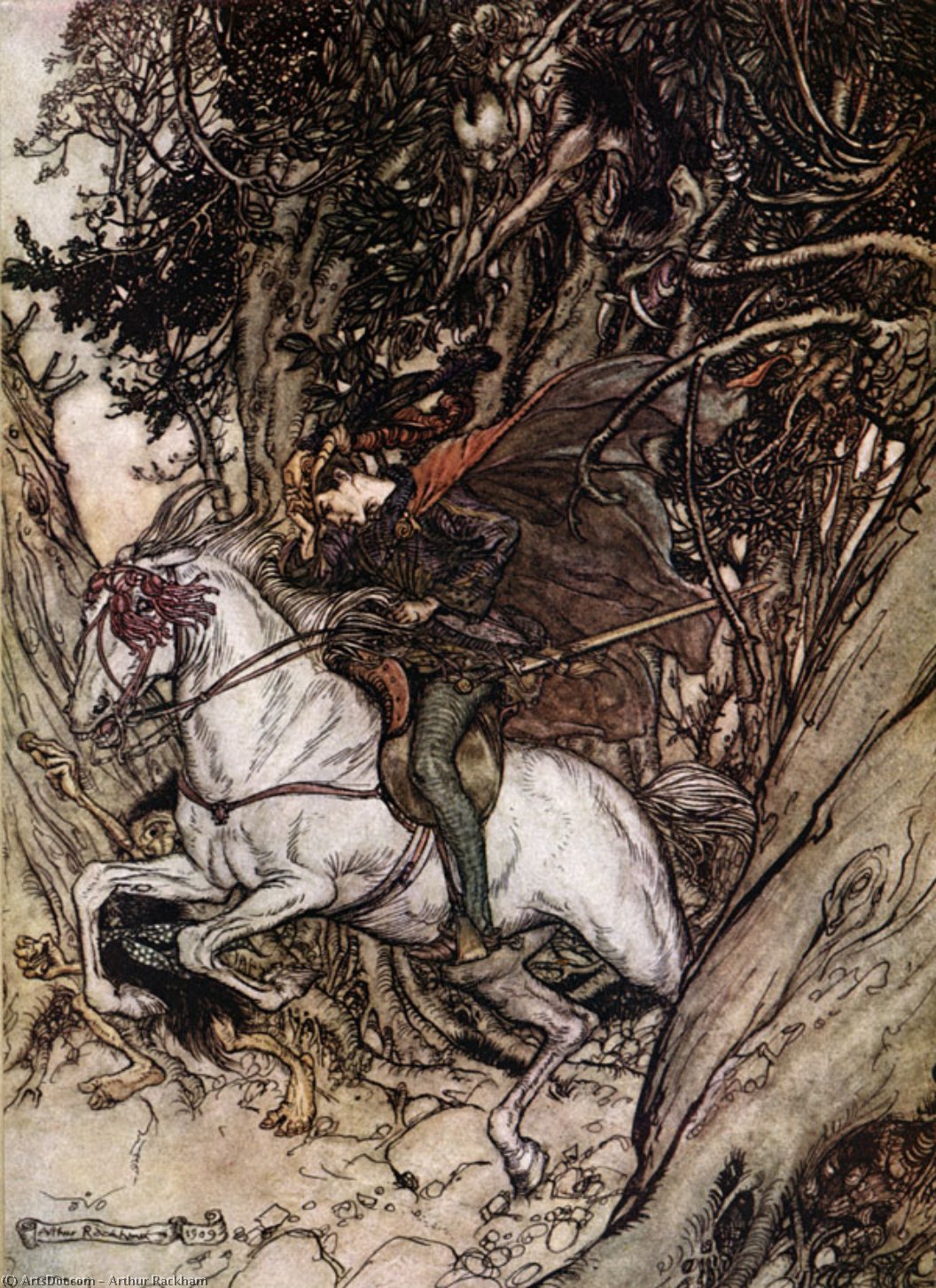 Wikioo.org - The Encyclopedia of Fine Arts - Painting, Artwork by Arthur Rackham - He held up the gold piece, crying at each leap of his, 'False gold ! false coin ! false coin!'