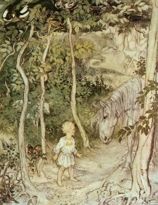 Wikioo.org - The Encyclopedia of Fine Arts - Painting, Artwork by Arthur Rackham - He might think, as he stared on a staring horse, 'a boy cannot wag his tail to keep the flies off'