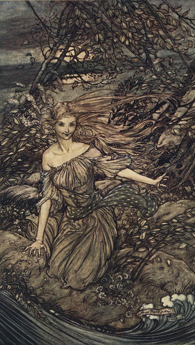 Wikioo.org - The Encyclopedia of Fine Arts - Painting, Artwork by Arthur Rackham - He saw by the moonlight momentarily unveiled, a little insland encircled by the food; and there under the branches of the overhanging trees was Undine