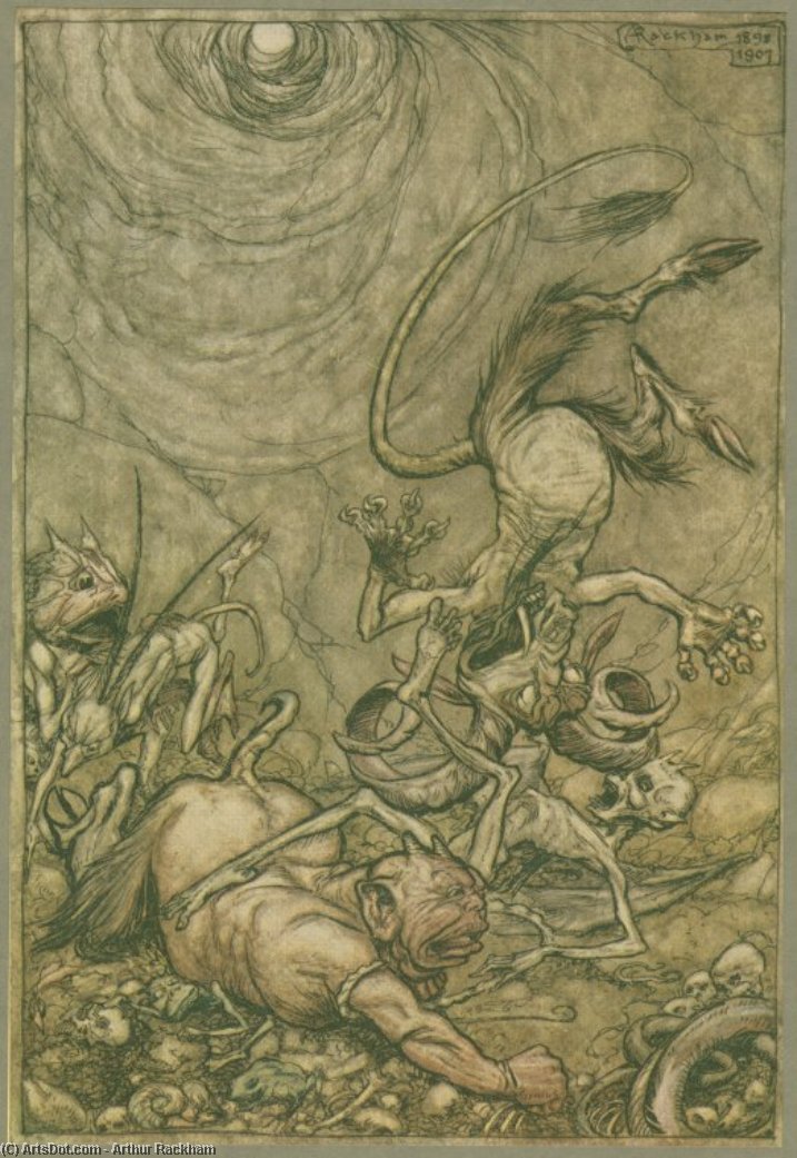 Wikioo.org - The Encyclopedia of Fine Arts - Painting, Artwork by Arthur Rackham - Into the bottomless pit he fell slap