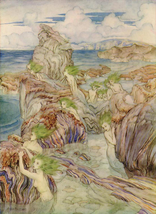 Wikioo.org - The Encyclopedia of Fine Arts - Painting, Artwork by Arthur Rackham - Mermaids with Sea Green Hair