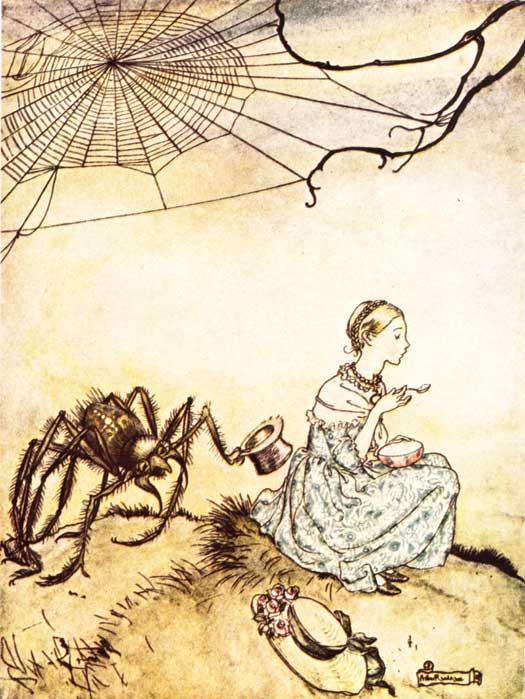 Wikioo.org - The Encyclopedia of Fine Arts - Painting, Artwork by Arthur Rackham - Mother Goose. Little Miss Muffet