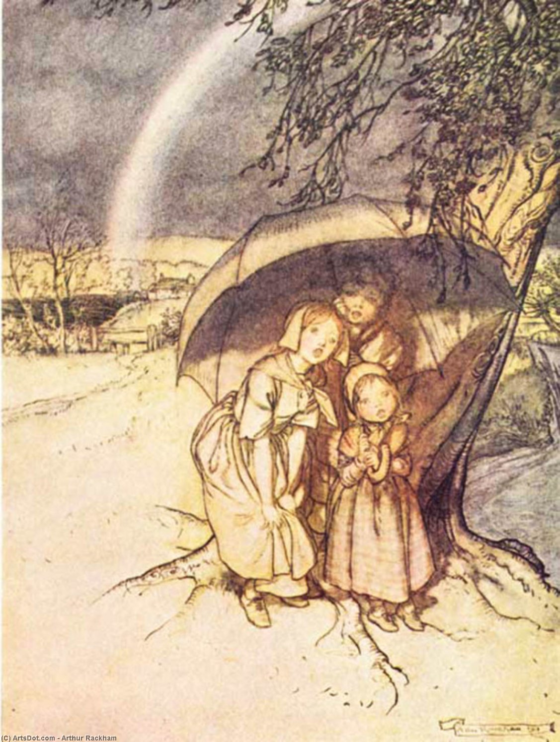 WikiOO.org - Encyclopedia of Fine Arts - Lukisan, Artwork Arthur Rackham - Mother Goose. Rain, Rain, Go Away
