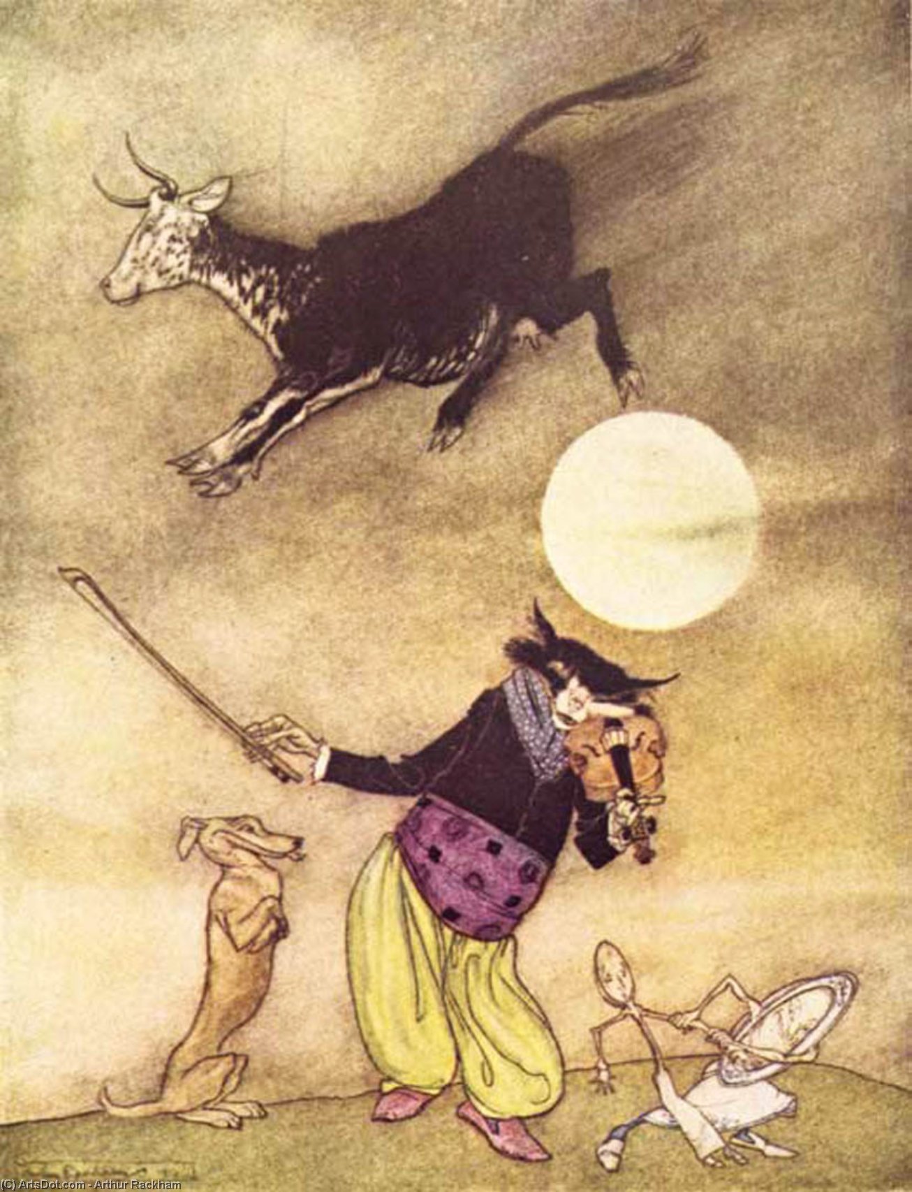 Wikioo.org - The Encyclopedia of Fine Arts - Painting, Artwork by Arthur Rackham - Mother Goose. The Cow Jumped Over the Moon