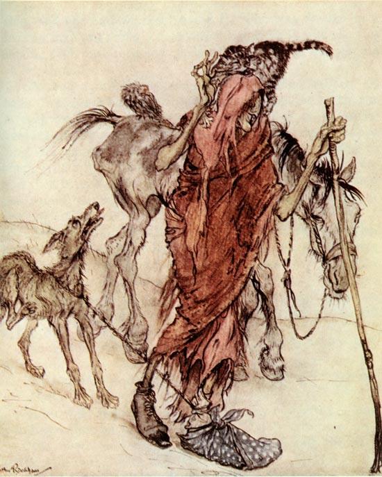 Wikioo.org - The Encyclopedia of Fine Arts - Painting, Artwork by Arthur Rackham - The Hag of the Mill was a bony, thin pole of a hag with odd feet