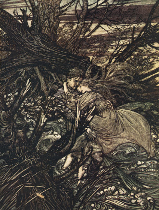 WikiOO.org - Encyclopedia of Fine Arts - Lukisan, Artwork Arthur Rackham - The Knight took the beautiful girl in his arms and bore her over the narrow space where the stream had divided her little island from the shore