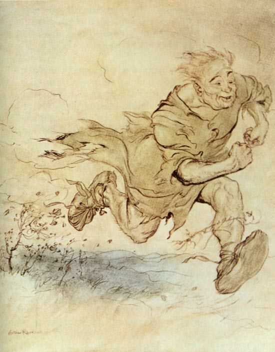 WikiOO.org - Encyclopedia of Fine Arts - Lukisan, Artwork Arthur Rackham - The thumping of his big boots grew as continuous as the pattering of hailstones on a roof