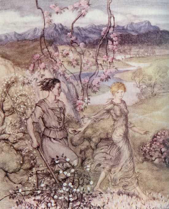 Wikioo.org - The Encyclopedia of Fine Arts - Painting, Artwork by Arthur Rackham - Then they went hand in hand in the country that smells of appleblossoms and honey