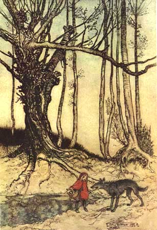 Wikioo.org - The Encyclopedia of Fine Arts - Painting, Artwork by Arthur Rackham - When she got to the wood, she met a Wolf