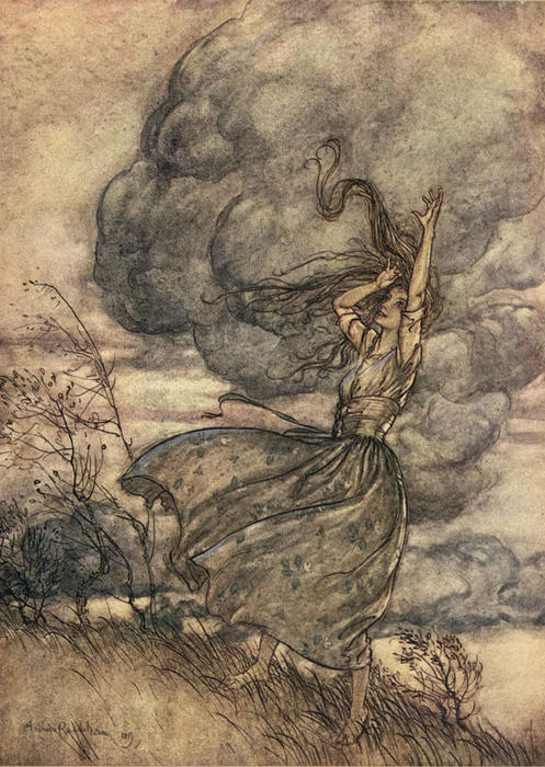 Wikioo.org - The Encyclopedia of Fine Arts - Painting, Artwork by Arthur Rackham - When the storm threatened to burst on their heads, she uttered a laughing reproof to the clouds. 'Come, come,' saith she, 'look to it that you wet us not'